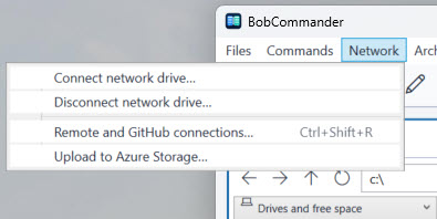 The BobCommander Network menu showing options to connect a network drive, manage remote and GitHub connections, and upload to Azure Storage.