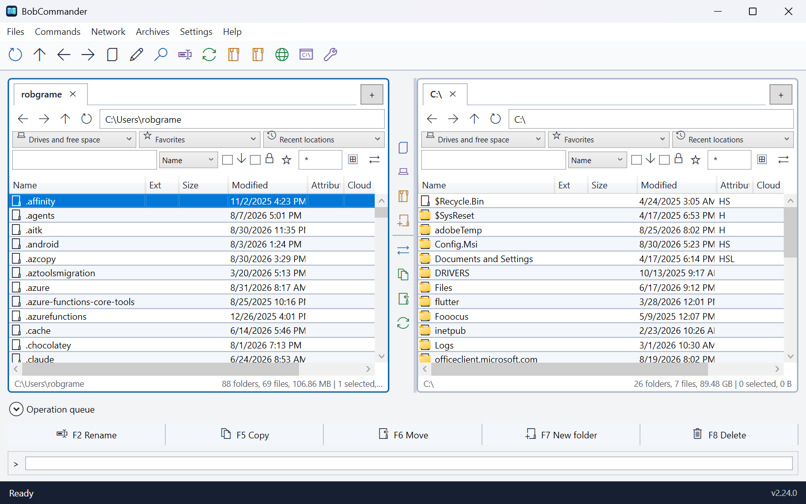 The BobCommander main window showing two file panes side by side, a compact toolbar, the operation queue, and the function key bar.
